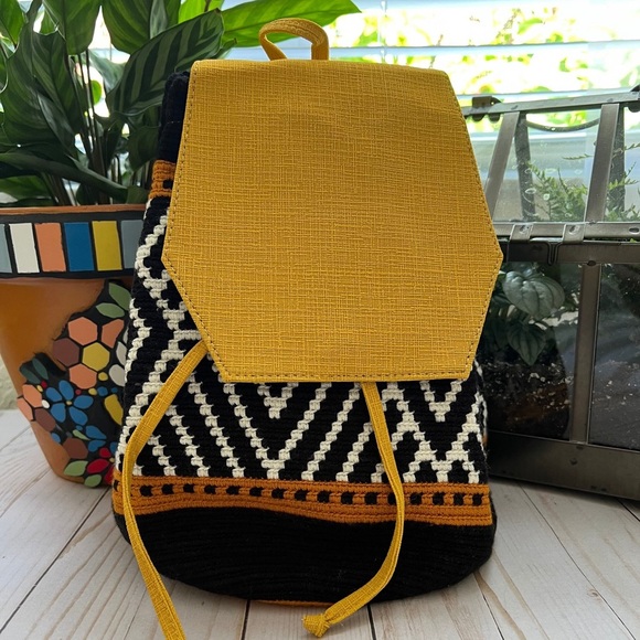 Black & Yellow Backpack for Women -  Hand-Knit Hippie Backpack- Unique Book Bag